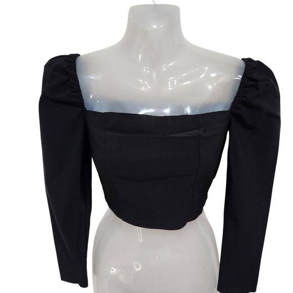 Urban Outfitters Bengaline Square Neck Cropped Top 3/4 Sleeve Black Size Small - Picture 3 of 8
